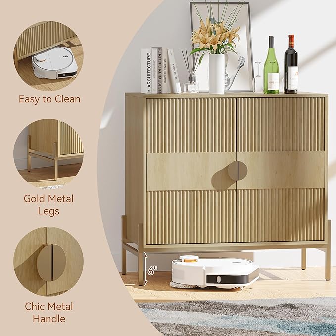 Fluted Sideboard Buffet Cabinet, Modern Credenza with Metal Gold Legs, Wood Accent Sideboard with Storage for Living Room, Dining Room, Kitchen, Entryway(Oak)