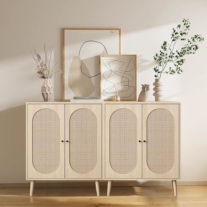 Sideboard Buffet Cabinet, High Kitchen Storage Cabinet with Rattan Doors and Adjustable Shelves, Accent Home Furniture for Living Room, Bedroom (Natural)