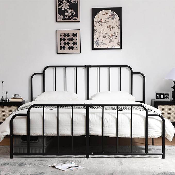 PINJU Metal Platform Bed Frame with Headboard and Footboard, Classic Style, Sturdy Metal Slats, No Box Spring Needed, Easy Installation (Black, King)