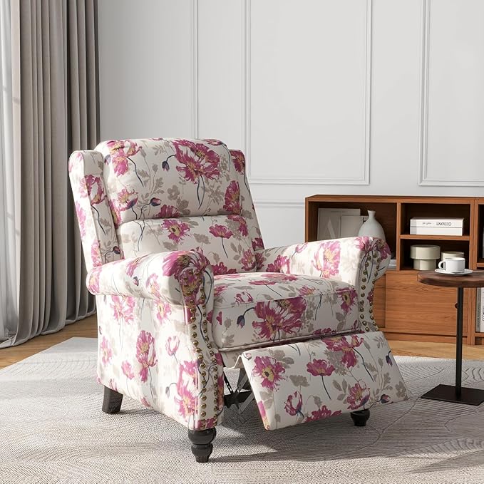 UIXE Floral Pushback Recliner Chairs Set of 2, Fabric Overstuffed Armchair Push Back Accent Chair for Living Room, Rivet Trim Club Chair Home Theater Single Sofa Bedroom Reading Seat