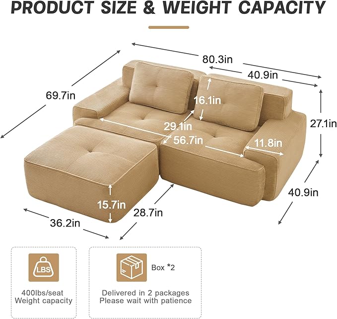 80.3” Camel Boneless Couches for Living Room, Modular Sectional Sofa with L-Shape Chaise, 2 Seater Comfy Upholstered Loveseat Deep Seat Corduroy Fabric Cloud Couch No Assembly, Anti-Slip Design
