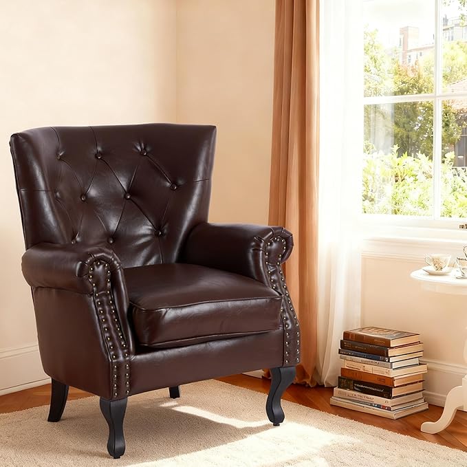 Modern Faux Leather Accent Chair, Upholstered Mid-Century Armchair with Solid Wood Legs, Single Sofa Chair for Living Room, Bedroom, or Reading Room（Caramel）