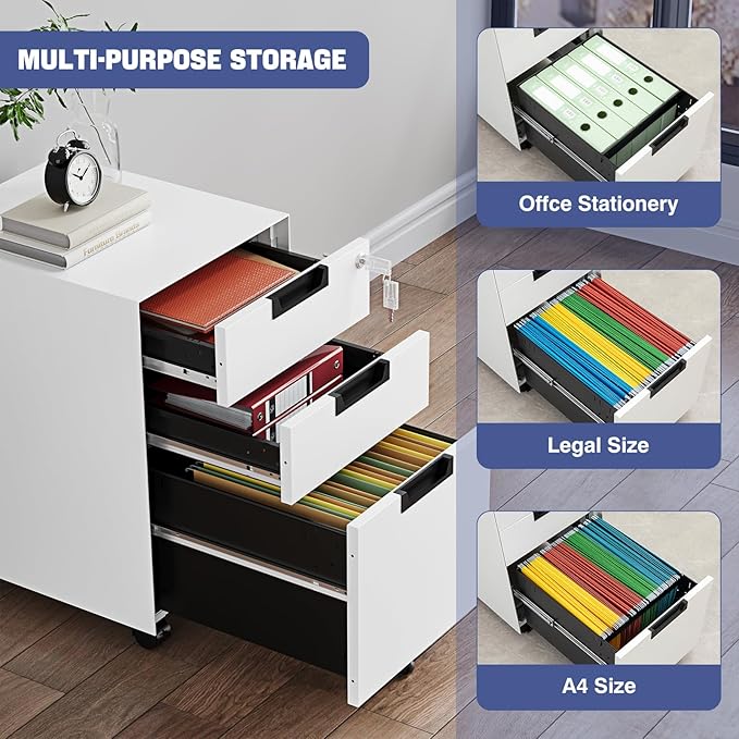 Rolling File Cabinet with Lock, 3 Drawer Metal Mobile Filing Cabinet for Legal/Letter Size, Fully Assembled Except Casters