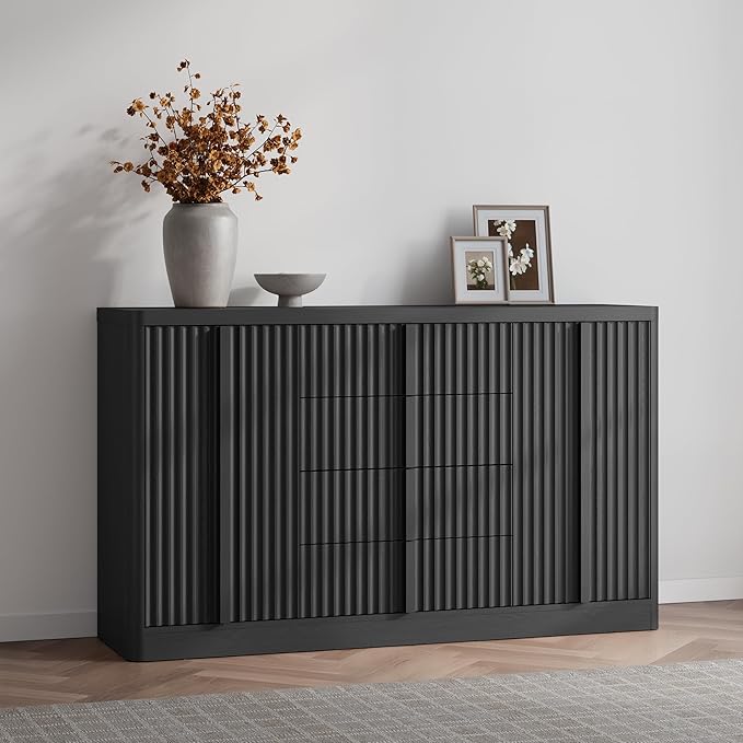 Buffet Cabinet with Storage, 60" Fluted Sideboard with 4 Drawers & 2 Door–Modern Accent Buffet Cabinet with Adjustable Shelves, Credenza Storage Cabinet for Kitchen, Dining, Living Room,Black(1PC)