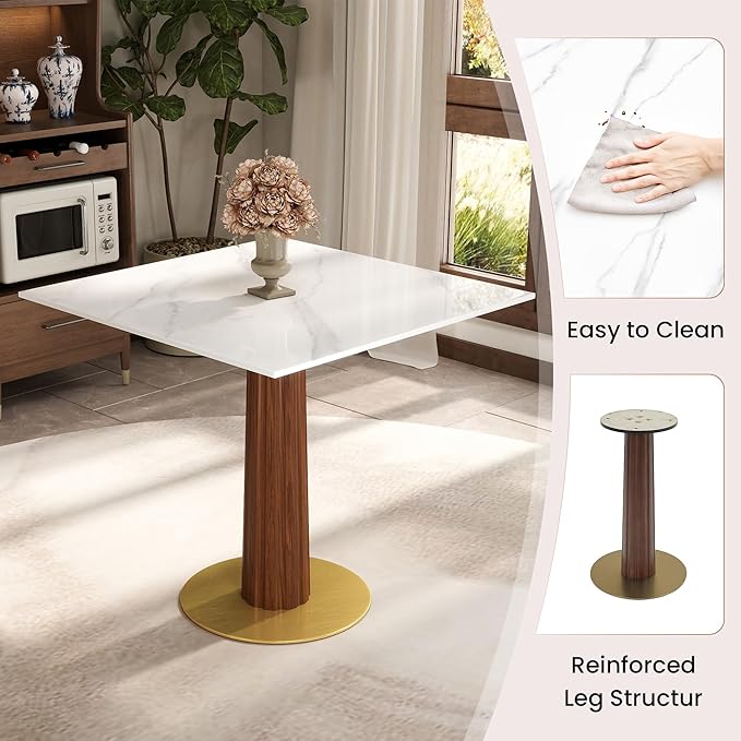 Sintered Stone Square Office Table and Chair Set - Meeting Table for Small Offices (Dark Brown Leg and White Top, 1 Table and 2 Chairs)