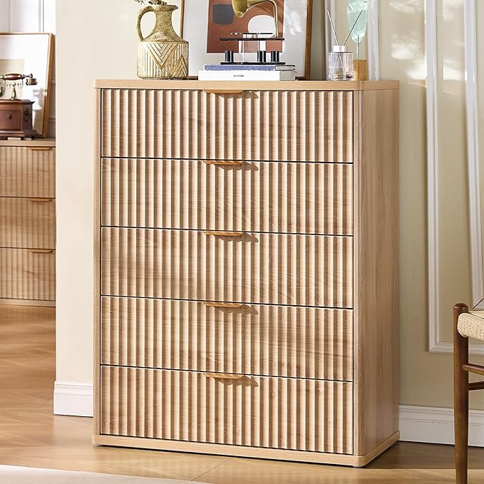 LEYAOYAO Fluted 5 Drawers Dresser for Bedroom, 41" Tall Modern Chest of Drawers with Metal Handle, Curved Profile Farmhouse Closet Organizer Wood Dressers TV Stand for Living Room, Hallway