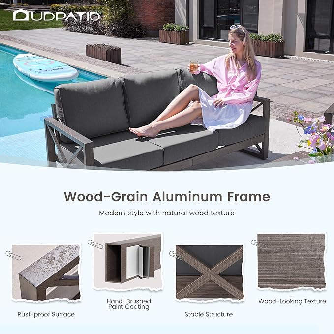 UDPATIO Aluminum Patio Furniture Set, 7 Seats Outdoor Patio Sets with Coffee Table, Faux Wood Patio Furniture Set Metal Modern Outdoor Sectional for Deck Porch Patio, Dark Grey