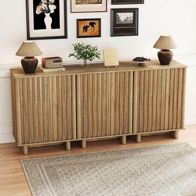 LukeAlon Fluted Sideboard Cabinet, Farmhouse Boho Accent Buffet Cabinet with Storage, 47" Wooden Credenza Hallway Cabinets for Living Room Dining Room Entryway, Natural Wood Color