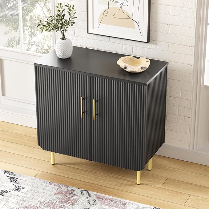 Modern Fluted Black Storage Cabinet with 2 Doors, Adjustable Shelves, and Metal Legs, Accent Buffet Sideboard for Living Room, Dining Room, Entryway (Black)