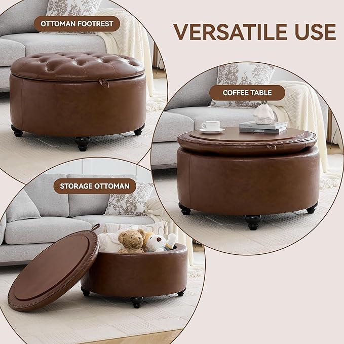 30Inch Round Storage Ottoman with Tray, Modern Tufted Leather Circle Coffee Table with Storage, Upholstered Ottoman with Removable Top for Living Room, Bedroom, Leather Coffee