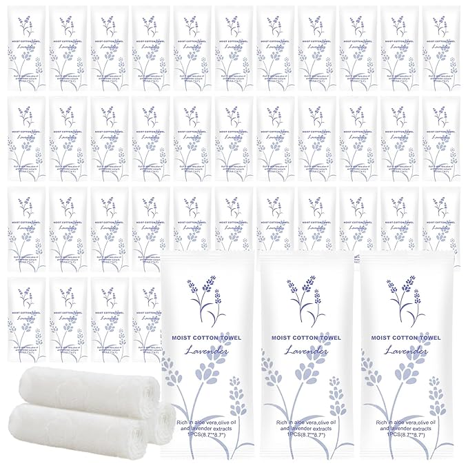 Moist Cotton Towel Bulk Moist Towelettes Individually Wrapped,White Towel Services,Refreshment Pre Moistened Towels for Dentist Travel Sport Party Hotel 100,Lavender
