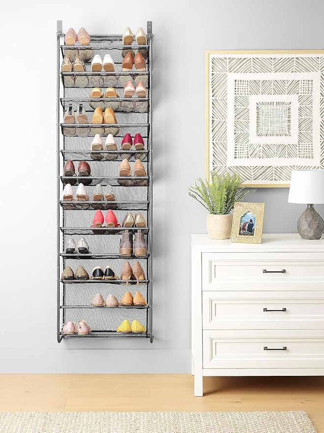 Whitmor 36 Pair Over The Door Shoe Rack, 12 Tier Hanging Shoe Organizer, Heavy Duty Metal & Mesh Shoe Holder, Hanging Shoe Rack for Closet Organizer & Storage, 69" L x 21.7" W x 7.5" H, Gunmetal Gray