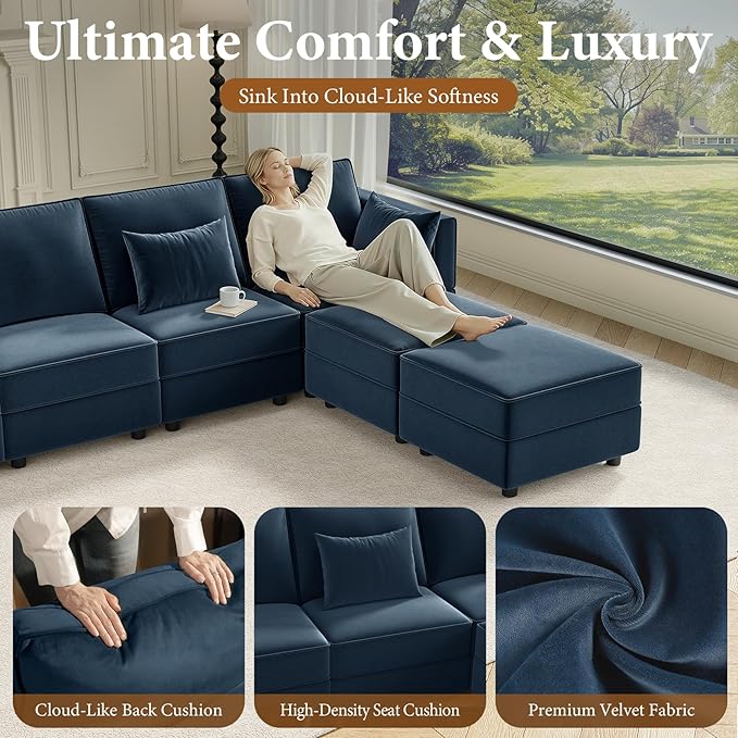 Vesgantti Sectional Sleeper Sofas with Storage, 92" Sofa Bed with 6 Seats Storage Chaises Removeble Cover, Deep Seat Modular Couches Velvet Couch Set for Living Room, Apartment, Home Theatre, Blue