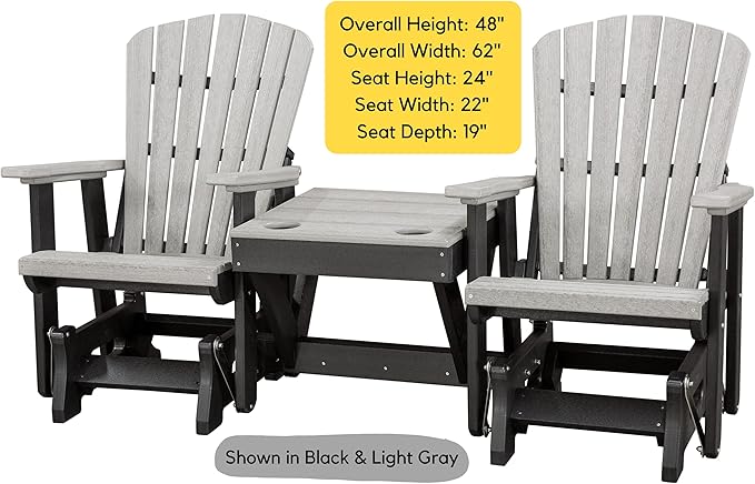 DutchCrafters Slat Fan Back Double Poly Adirondack Glider Outdoor Patio Chairs with Center Table (Black & Aruba Blue)
