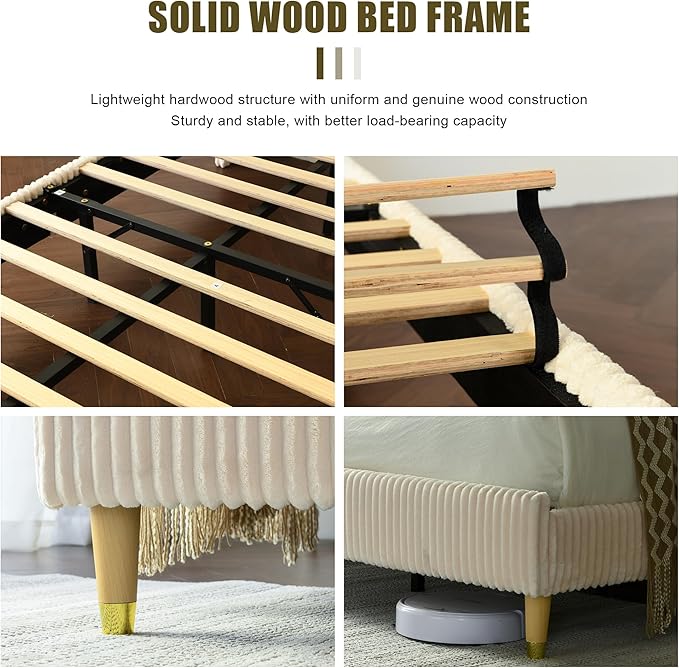 PINJU Twin Size Bed Frame, Upholstered Platform Bed with Modern Vertical Striped Wingback Headboard with Wooden Slats, Easy to Assemble No Noise Free (Beige, Twin)