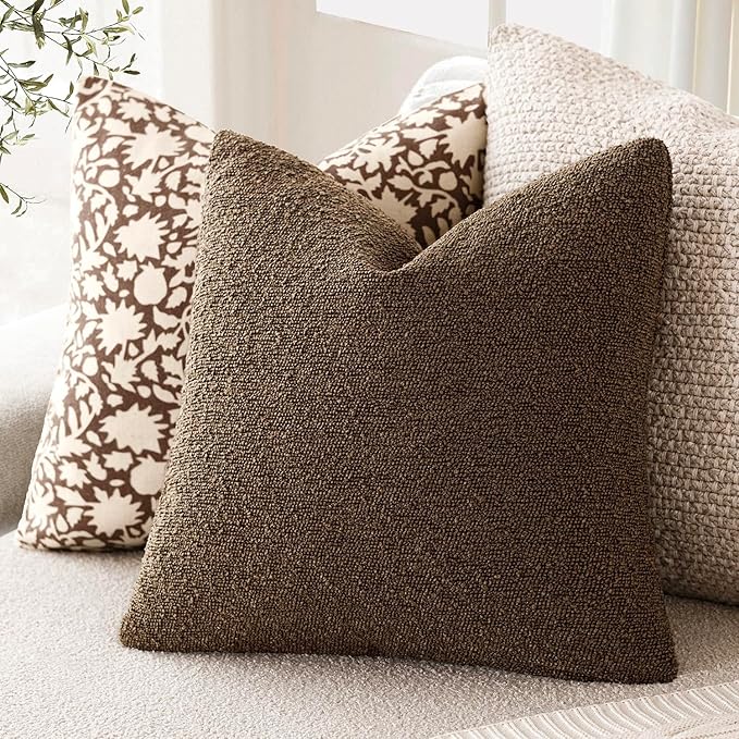 Foindtower Set of 2, Decorative Textured Boucle Throw Pillow Covers Accent Solid Pillow Cases Neutral Soft Couch Cushion Case for Chair Sofa Bedroom Living Room Home Decor 16x16 Inch Chocolate
