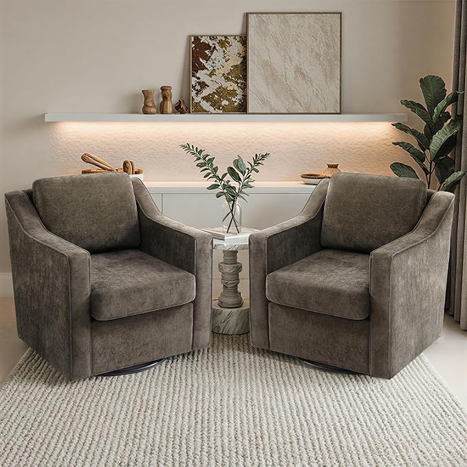 Pia Ricco 2-Pack Plush Oversized Chenille Fabric Swivel Accent Chairs with Removable Covers, Living Room Reception Bundle Set,Night Brown Black