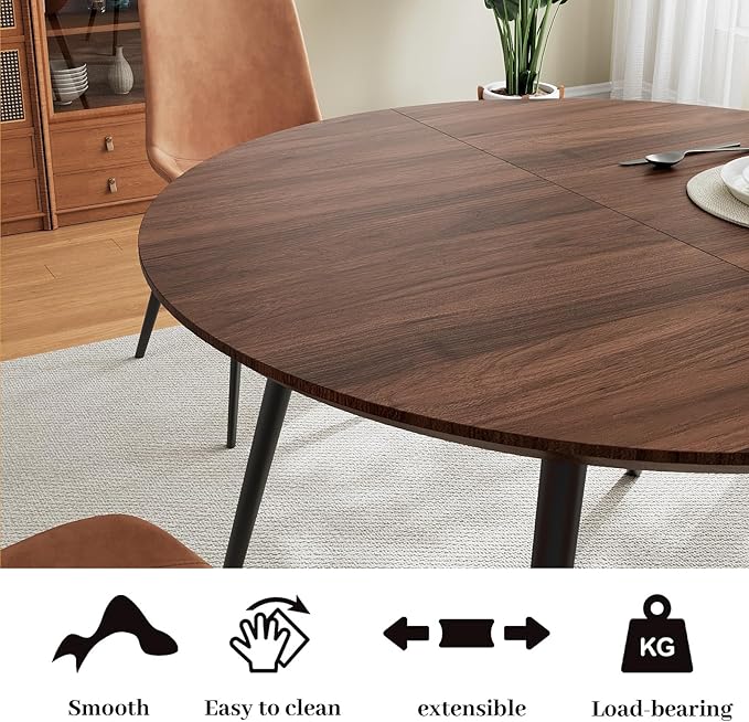 43.3"-59.1" Extendable Round Dining Table Set for 4, Mid Century Modern Wooden Round Table, Leisure Coffee Table,w/ 4 PU Leather Chairs