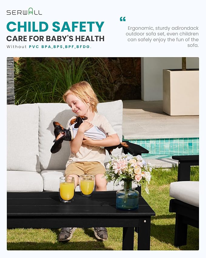 SERWALL HDPE Outdoor Couch Set of 2, All-Weather Wood-Like Outdoor Patio Furniture Set, Black Outdoor Sofa Chairs with Khaki Cushions