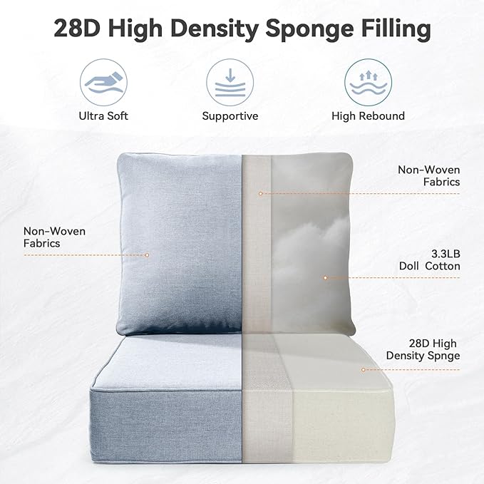 Luxury 6" Outdoor Cushions for Patio Furniture, 24x24x6" Thick Seat Cushion Set of 6, Fade Resistant Couch Chair Replacement Cushions High Density Wicker Chair Cushion w/ Removable Cover Baby Blue