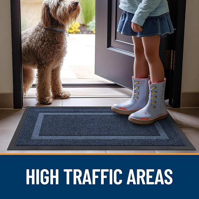 OLANLY Front Door Mat Indoor Outdoor Entrance, Waterproof All-Season, All-Weather Doormat, Sturdy Natural Rubber, Fade Resistant, Low Profile, Easy Clean Patio Porch Entryway Mat, 59x35, Blue