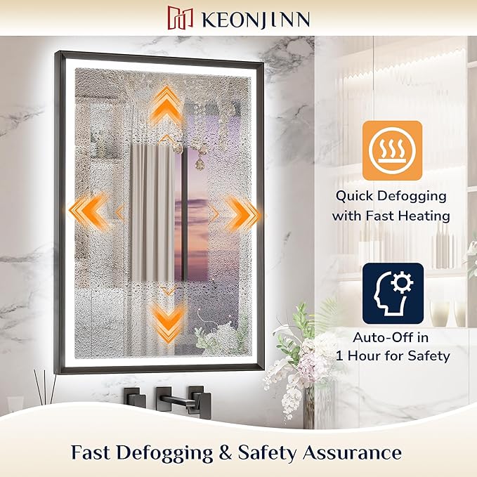 Keonjinn 30" x 36" LED Bathroom Mirror with Frontlit & Backlit, Black Metal Framed Mirror for Wall, Antifog, Stepless 3 Colors Temperature, UL-Listed LED Driver, Tempered Glass