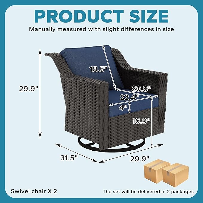 Patio 2 Pieces Wicker Swivel Chairs Set of 2，Outdoor PE Rattan Rocking Glider Armchairs, Water-Resistant Cushions with Removable and Washable Covers, Porch, Balcony, Sunroom (Navy Blue)