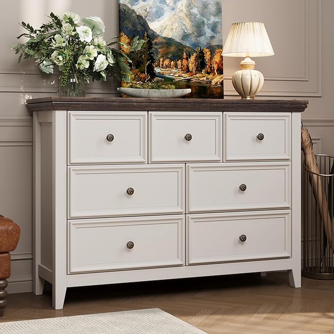 Antique White Dresser for Bedroom 7 Drawers Dresser,7 Chest of Drawers Storage Cabinet for Living Room,Filing Cabinet for Home Office
