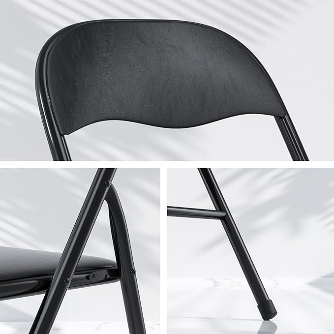 VECELO Folding Chairs 6 Pack Metal Portable with Soft PU Padded Seats for Home/Office/Party, Black