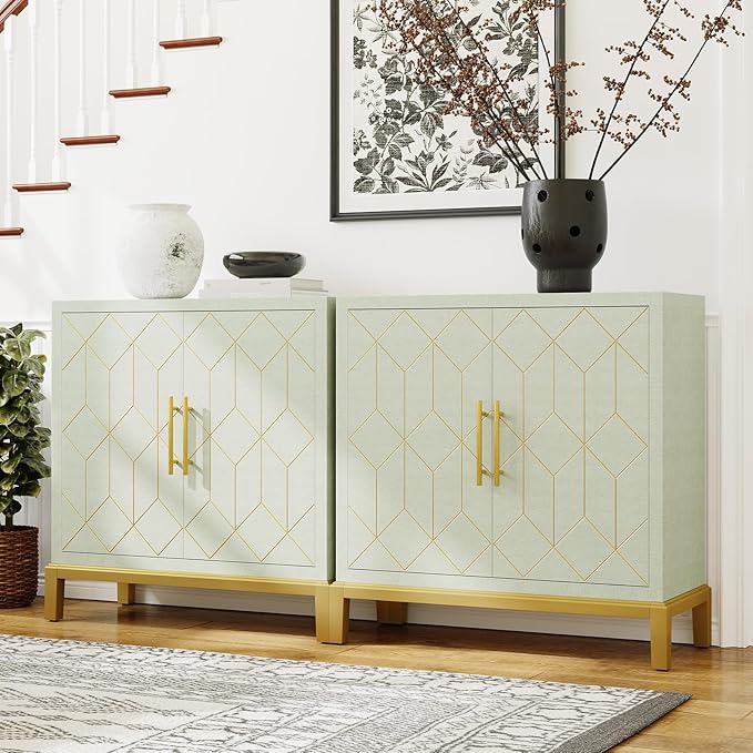 HLR Accent Cabinet with Gold Trim Set of 2,Storage Cabinet with 2 Doors,Modern Wooden Sideboard for Living Room, Kitchen, Office and Hallway(Green)