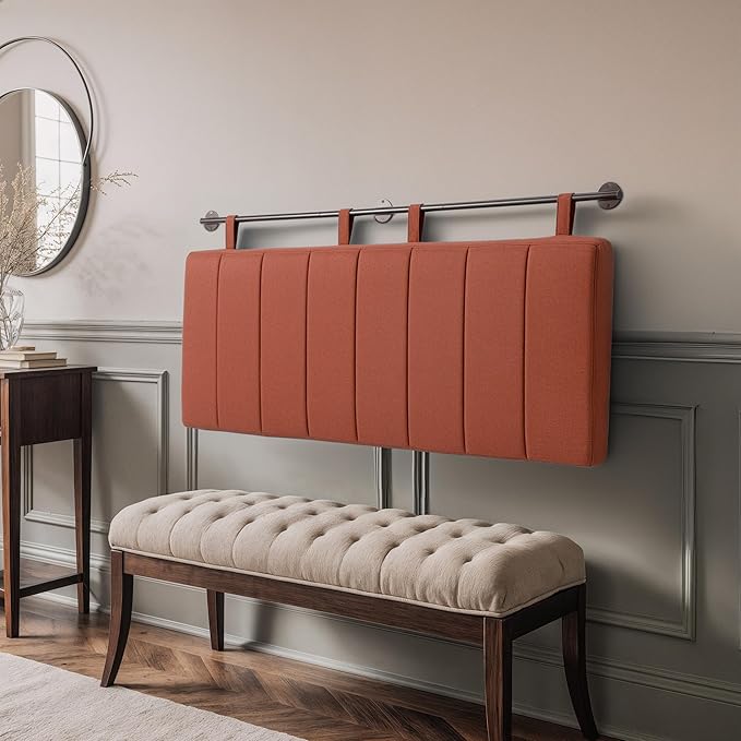 UEV King Headboard Only, Wall Mounted Hanging Upholstered Bed Head Board, Modern Vertical Channel Design of Fine Linen, Elegant Orange Fluted Headboard for Bedroom (Orange, King Size)