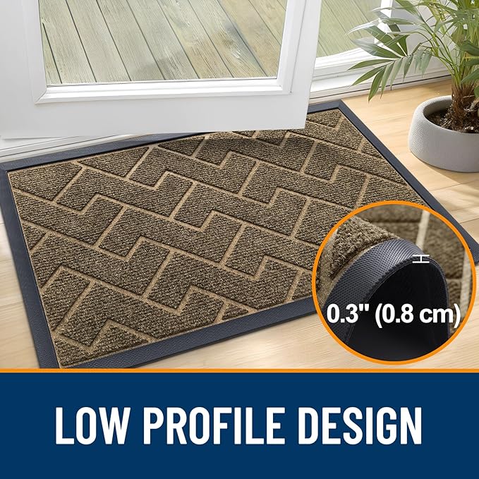 OLANLY Front Door Mat Indoor Outdoor Entrance, Waterproof All-Season, All-Weather Doormat, Sturdy Natural Rubber, Low Profile, Easy Clean Patio Porch Entryway Mat, Herringbone Brick (Brown, 59x23)