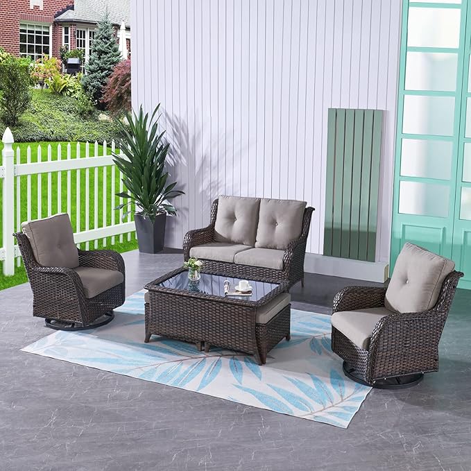 HUMMUH 6 Pieces Outdoor Patio Furniture Set Wicker Swivel Patio Chairs with Ottomans 2 Seater Outdoor Sectional Sofa/Patio Loveseat with Coffee Table