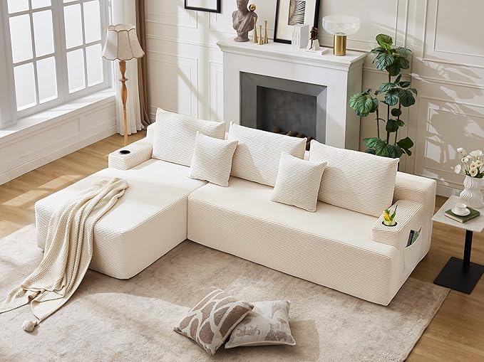 106" Cloud Sectional Couch, Modular Sectional Sofa with L-Shape Chaise, Corduroy Boneless Couch with Deep Seat, Upholstered Sofa for Living Room, No Assembly Required(Left-Facing Chaise, White)