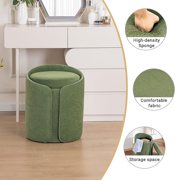 Swivel Vanity Stool with Gold Base Comfy Vanity Chair Modern Round Stool for Makeup Vanity Ottoman Foot Rest for Bedroom livingroom, Green