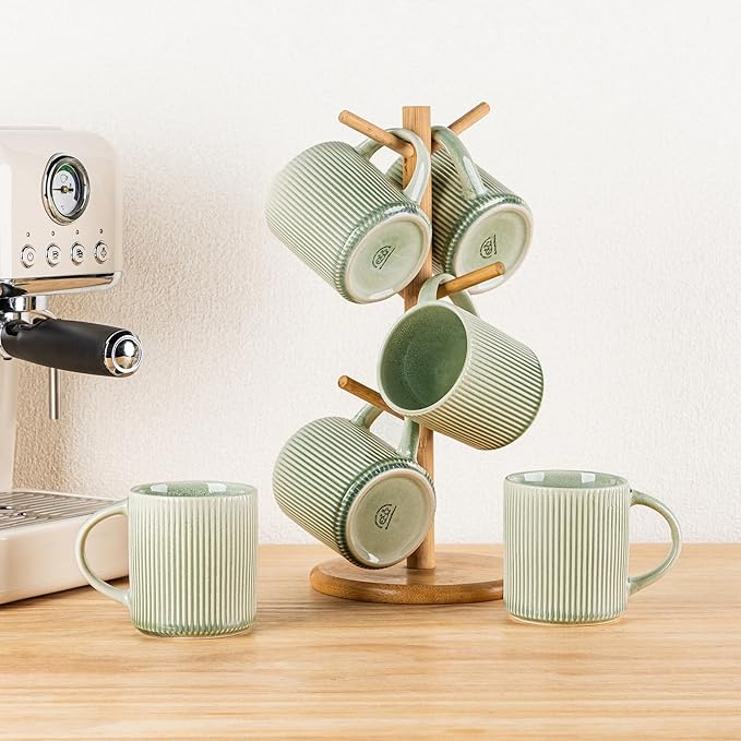 GBHOME 12oz Stoneware Coffee Mugs, Ceramic Coffee Cups with Handle for Man,Woman,Dad,Mom, Modern Coffee Mugs Set of 6 for Latte/Cappuccino/Cocoa/Tea/Cocoa/Milk. Dishwasher&Microwave Safe,Olive Green
