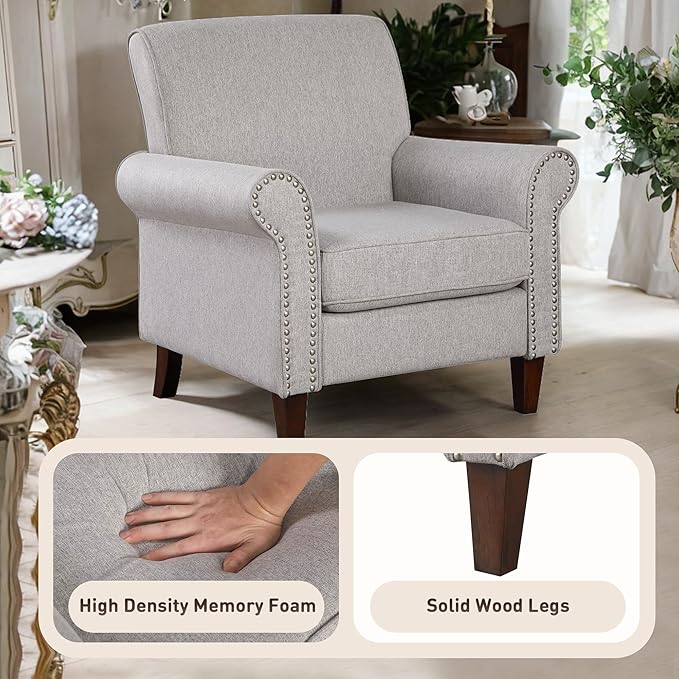 Prilinex Upholstered Living Room Chair - Large Comfy Fabric Accent Chair Single Sofa with Cushion, Rolled Armrest & Nailhead Trim, Mid Century Modern Armchair for Bedroom, Office, Grey