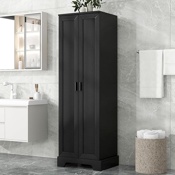 Tall Freestanding Storage Cabinet, Multi-Purpose Floor Organizer with 2 Doors & 5 Adjustable Shelves for Bathroom, Office, Living Room, Black