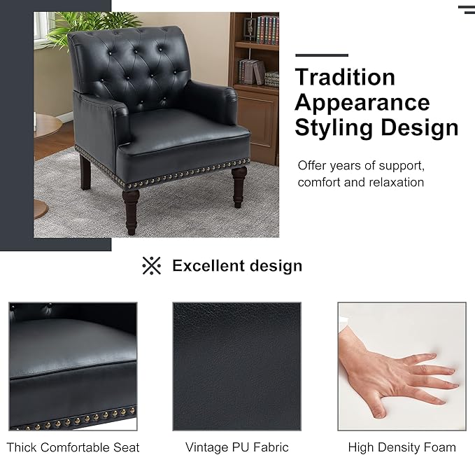 Pia Ricco PU Leather Accent Chairs 2 Pack - Modern Armchairs with Wooden Legs, Office Living Room Bedroom Seating Set-Black