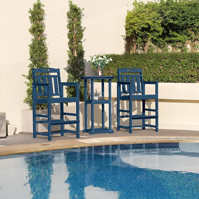 HDPE Outdoor Patio Bar Set with Bar Height Table and 2 Adirondack Chairs, All-Weather High Top Outside Round Pub Furniture for Bistro, Garden, Backyard, Deck | 3-Pieces, Navy Blue