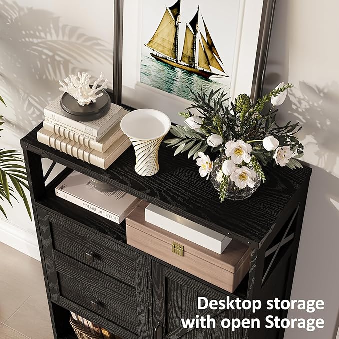 Fameill Farmhouse Storage Cabinet with 2 Drawers & Shelves,Freestanding Kitchen Cabinet with Doors,Floor Storage Organization for Living Room,Bathroom,Laundry,Black
