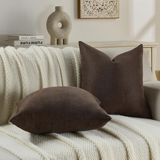 FUTEI Dark Coffee Chenille Throw Pillow Covers 18x18 Inch Set of 2,Soft Wide Chevron Textured Cushion Case,Farmhouse Home Decor for Couch Bed Living Room