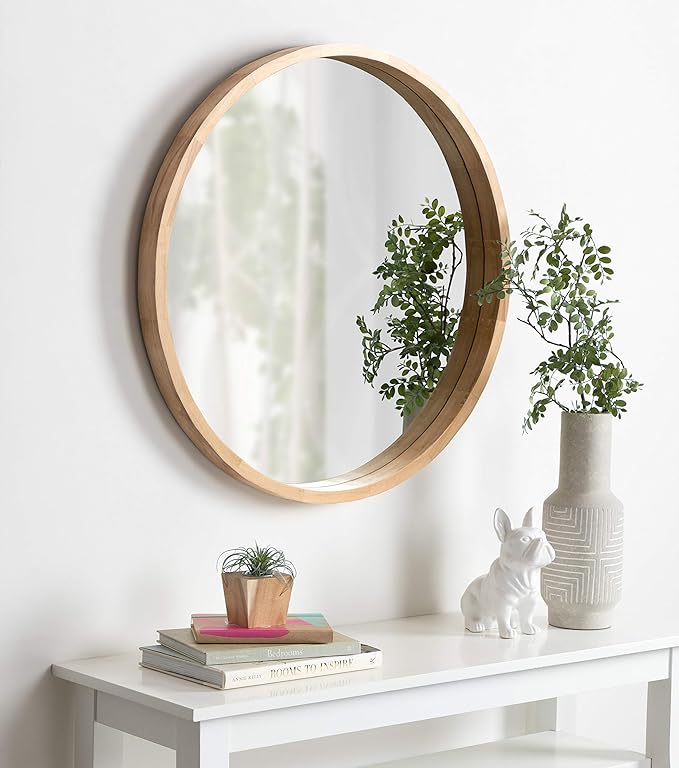 Kate and Laurel Hutton Round Decorative Large Modern Wood Frame Wall Mirror, 30 Inch Diameter, Natural Finish