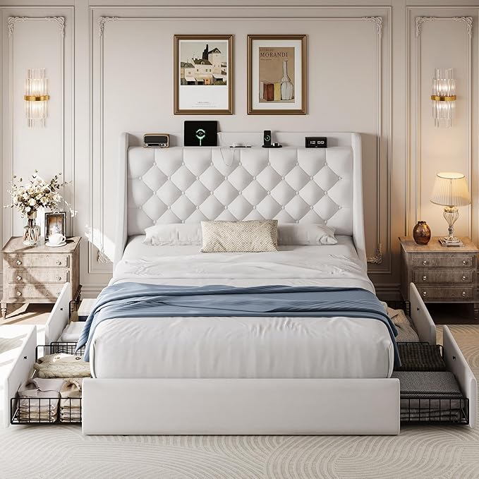 Queen Size Bed Frame with 4 Storage Drawers & Charging Station, Linen Upholstered Platform Bedframe, Button Tufted Wingback Headboard, Sturdy Wooden Slats, No Box Spring Needed, White