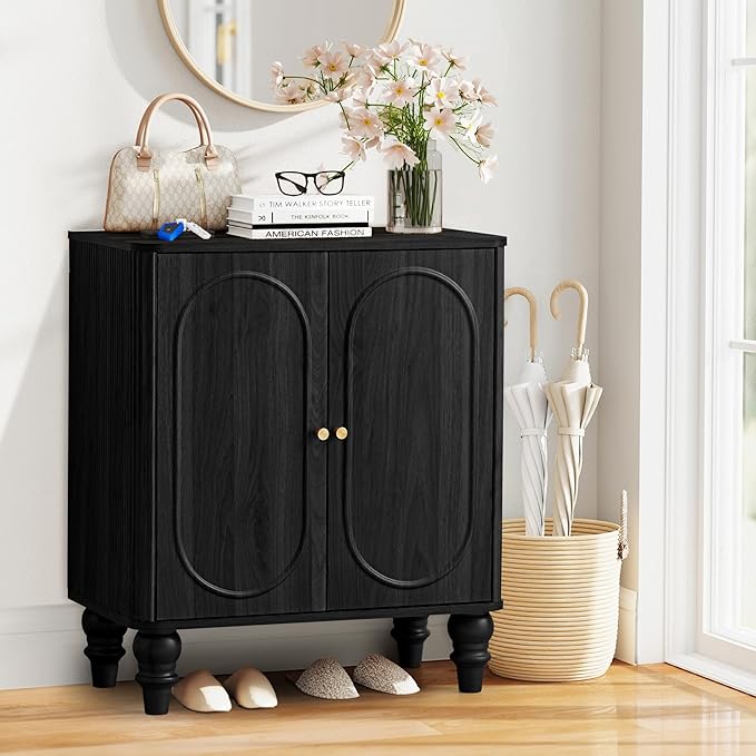 ORRD Fluted Storage Cabinet, Modern Credenza Wooden Accent Sideboard Buffet Cabinet with Adjustable Shelves and Solid Wood Legs, Console Table for Kitchen Dining Living Room Entryway, Black
