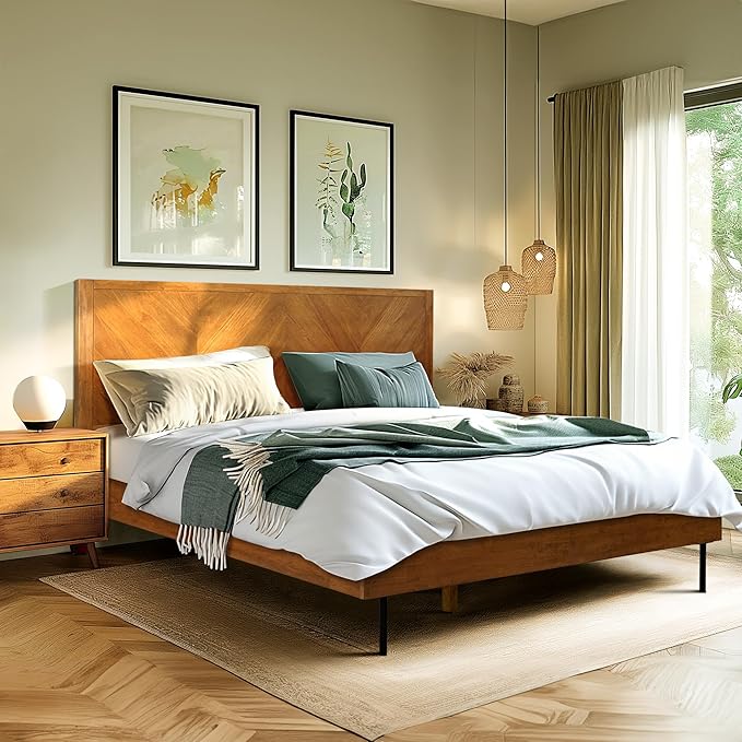 Acacia Alander King Bed Frame and Headboard Solid Wood Platform Bed, Scandinavian Signature Wood Bed Compatible with All Mattress Types, Bed Frame King Bedroom Furniture, Wood Slats Support, Walnut