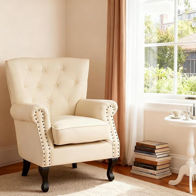 Modern Faux Leather Accent Chair, Upholstered Mid-Century Armchair with Solid Wood Legs, Single Sofa Chair for Living Room, Bedroom, or Reading Room（Ivory White）