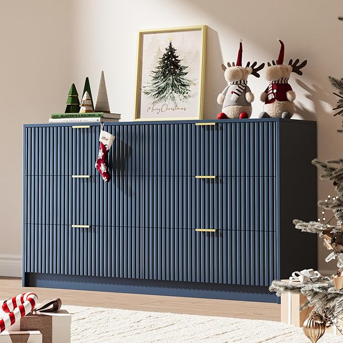 6 Drawer Dresser for Bedroom, 55" Wide Modern Chest of Drawers with Gold Metal Handles, Fluted Wood TV Stand for Living Room, Hallway(Navy Blue)