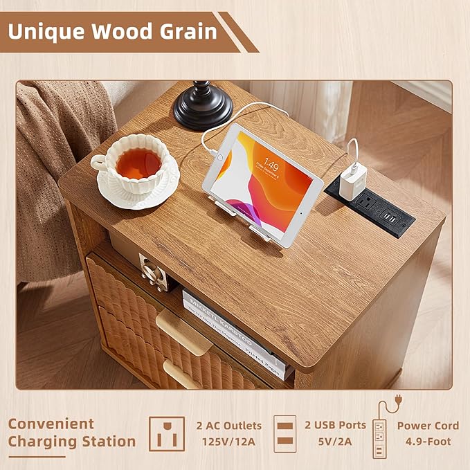 LEYAOYAO Fluted Nightstand with Charging Station, 23" Modern Night Stand with Woodgrain Top, 2 Drawers End Table w/Storage, Bedside Tables for Bedroom, Living Room, Curved Profile Design,Brown