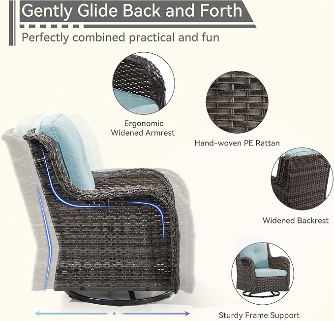3 Pieces Outdoor Furniture Set - Patio Wicker Swivel Rocker Chair Set of 2 and 1 Side Table, Light Blue, Mixed Brown Rattan, Suitable for Porch, Yard